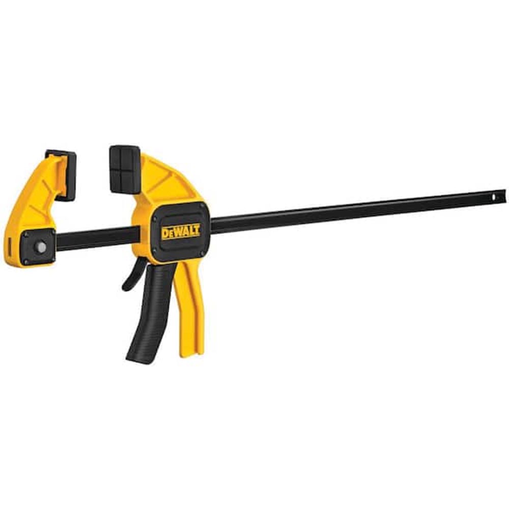 DeWalt bar clamp with a yellow and black quick-release handle, adjustable jaws, and a long black steel bar.