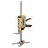 Dewalt clamping tool with a metal frame, yellow and black grips, and adjustable jaws mounted on a sturdy base.