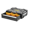 DeWalt ToughSystem drawer unit with a heavy-duty black casing, metal rails, and removable yellow compartment dividers.