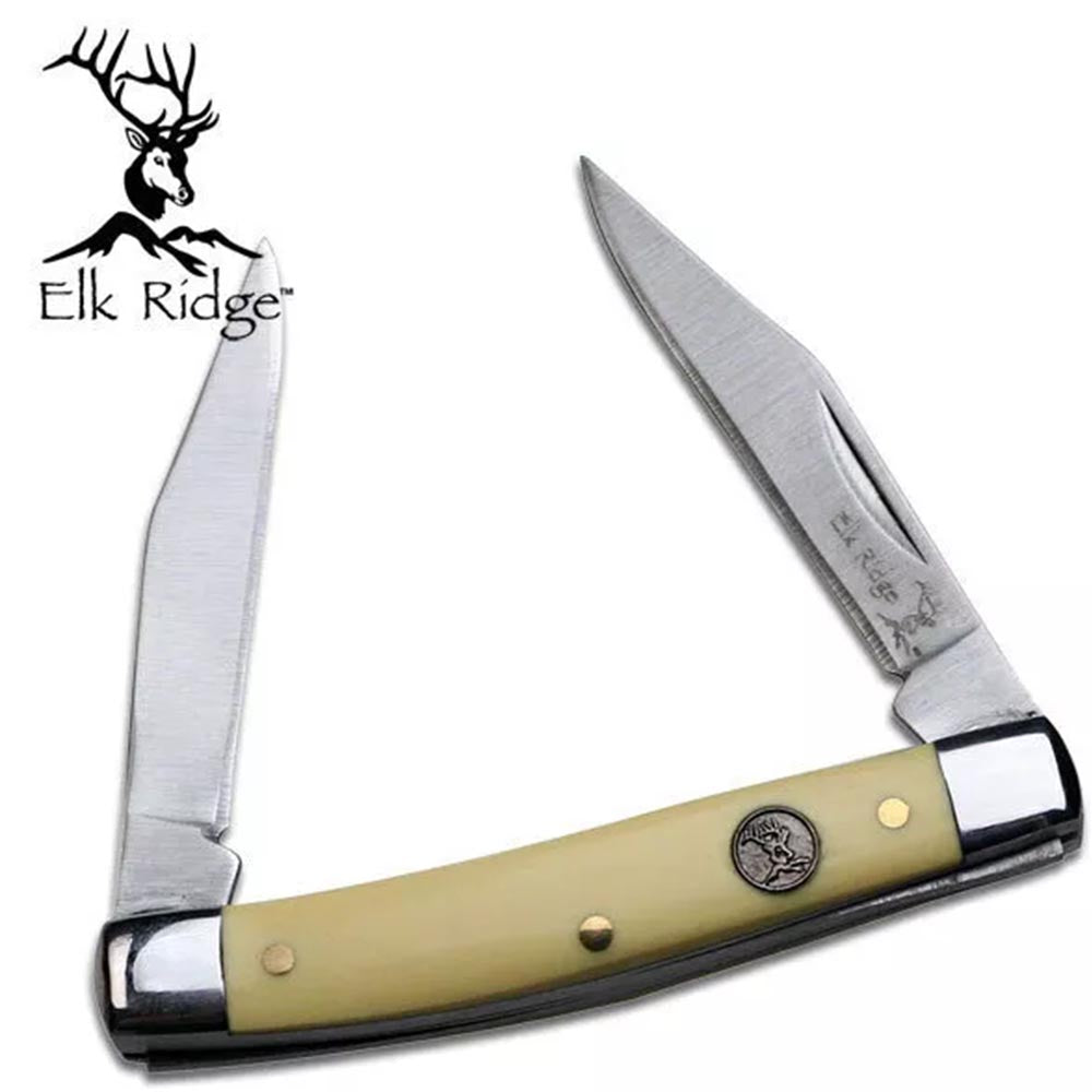 Elk Ridge folding pocket knife with two stainless steel blades and a cream-colored handle featuring an elk emblem.