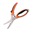 Curved stainless steel blades with micro-serrated edge, orange contoured grips and black textured inlays