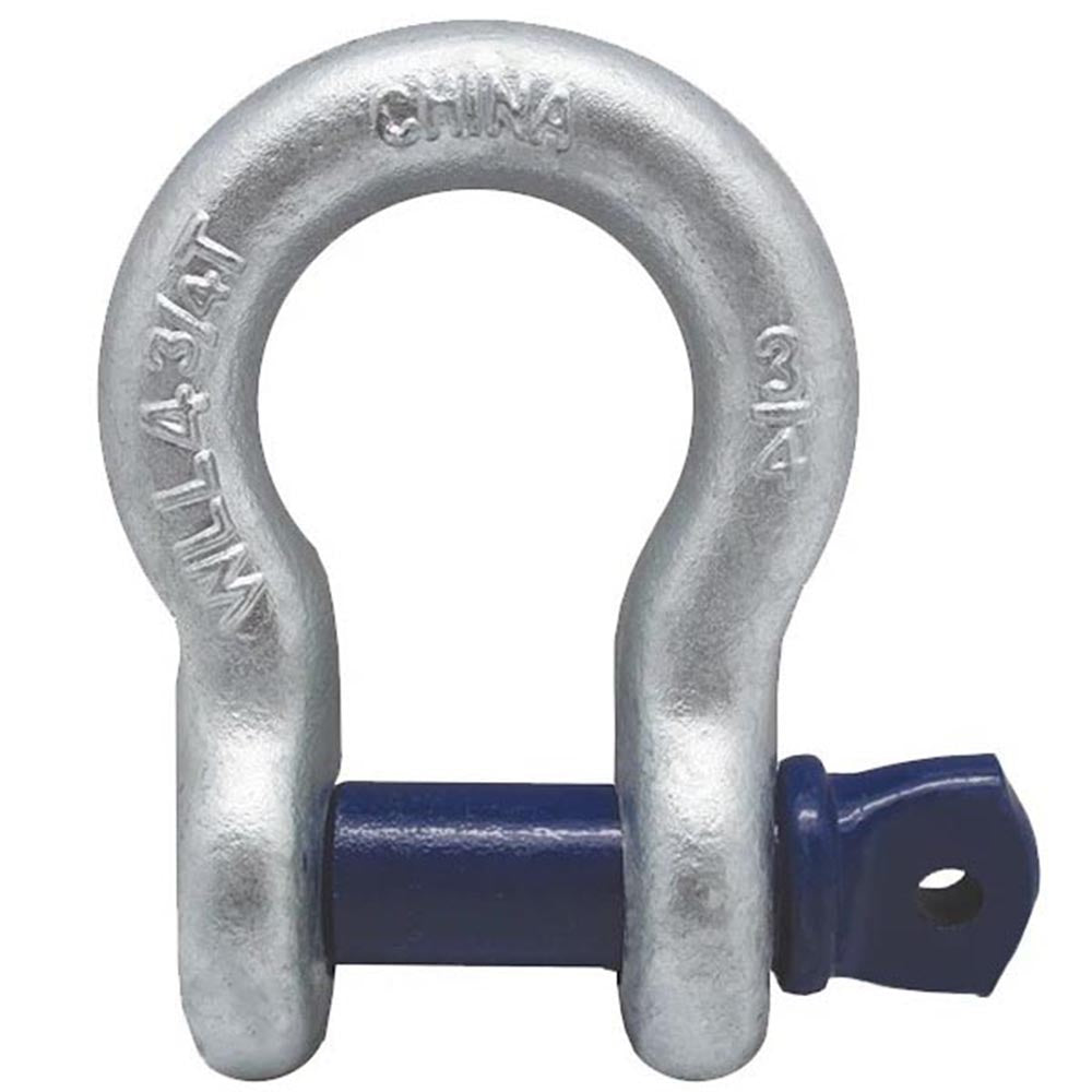 Metal shackle with a U-shaped body, embossed load rating, and a blue screw pin for securing connections.