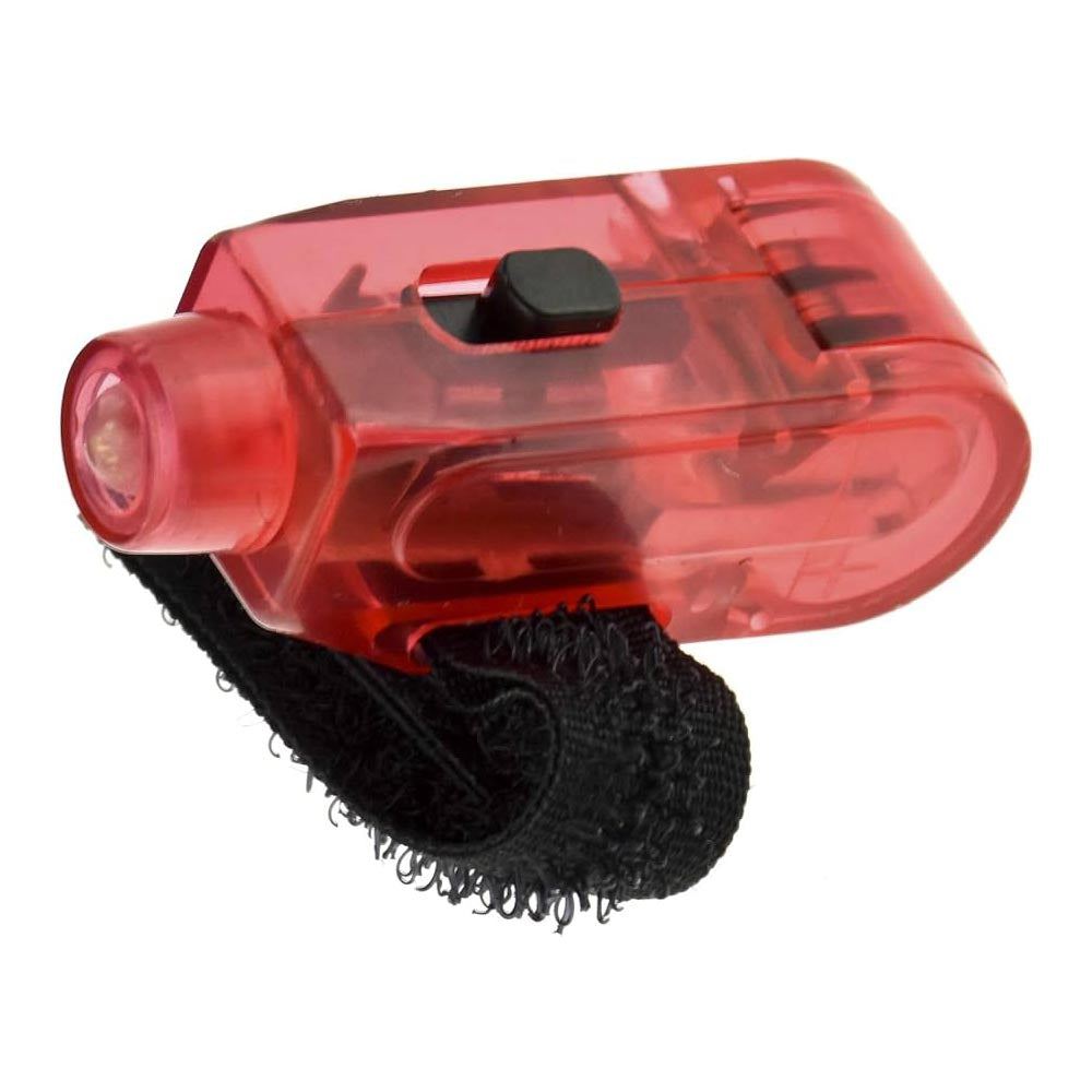 Small finger light with a translucent red casing, black switch, and an adjustable black Velcro strap.