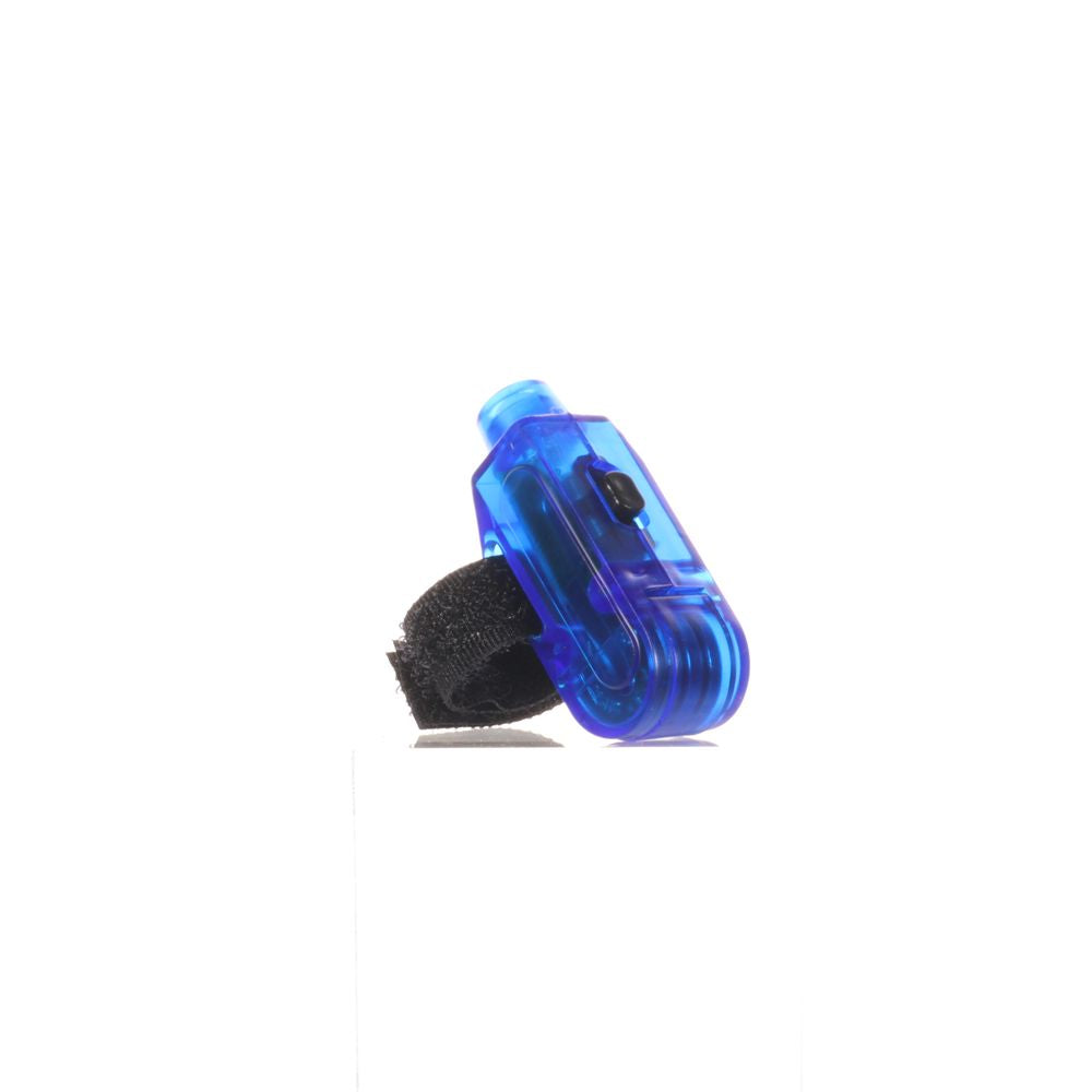 Small finger light with a translucent blue casing, black switch, and an attached adjustable black Velcro strap.