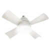 Compact fan featuring a standard screw base, a smooth cylindrical body, four aerodynamic blades, and a built-in light.