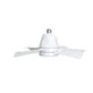 Compact ceiling fan with a screw-in base, a rounded central hub, and four slightly curved blades extending outward.