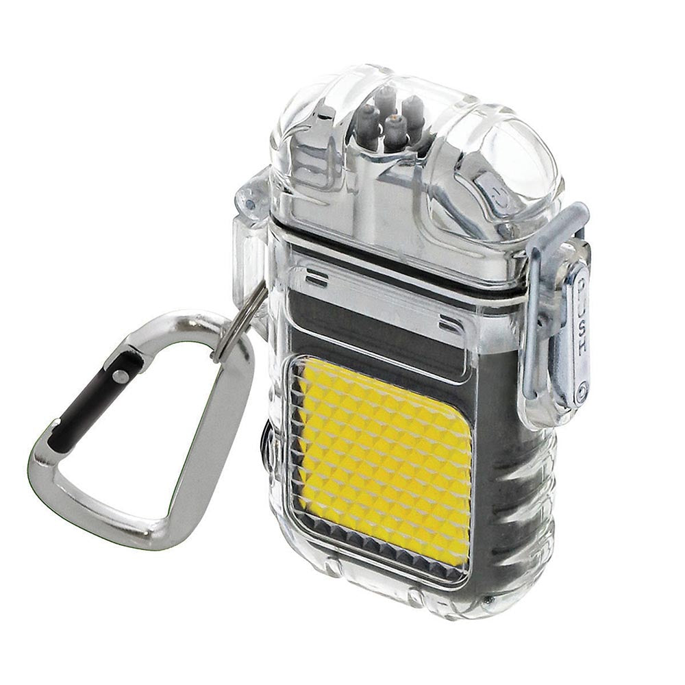 Compact waterproof lighter with a clear protective case and attached carabiner for easy portability.