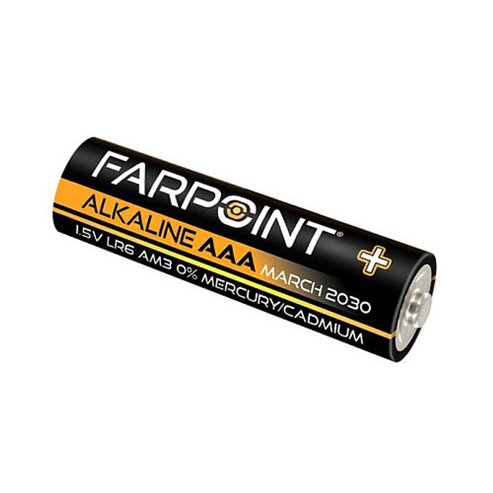 Farpoint alkaline AAA battery with black and orange labeling