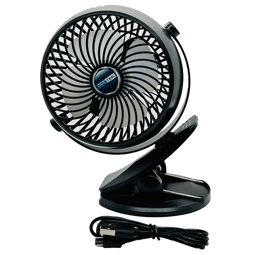 Black clip-on fan with circular grill design, adjustable head, and USB cable for power connection.