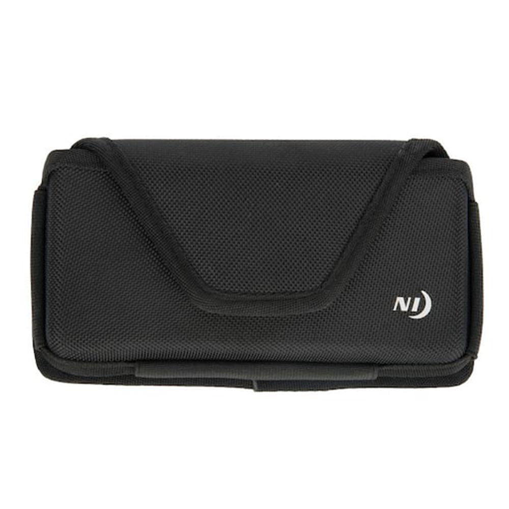 Black nylon pouch with a textured exterior and flap closure, featuring a small white logo in the corner.