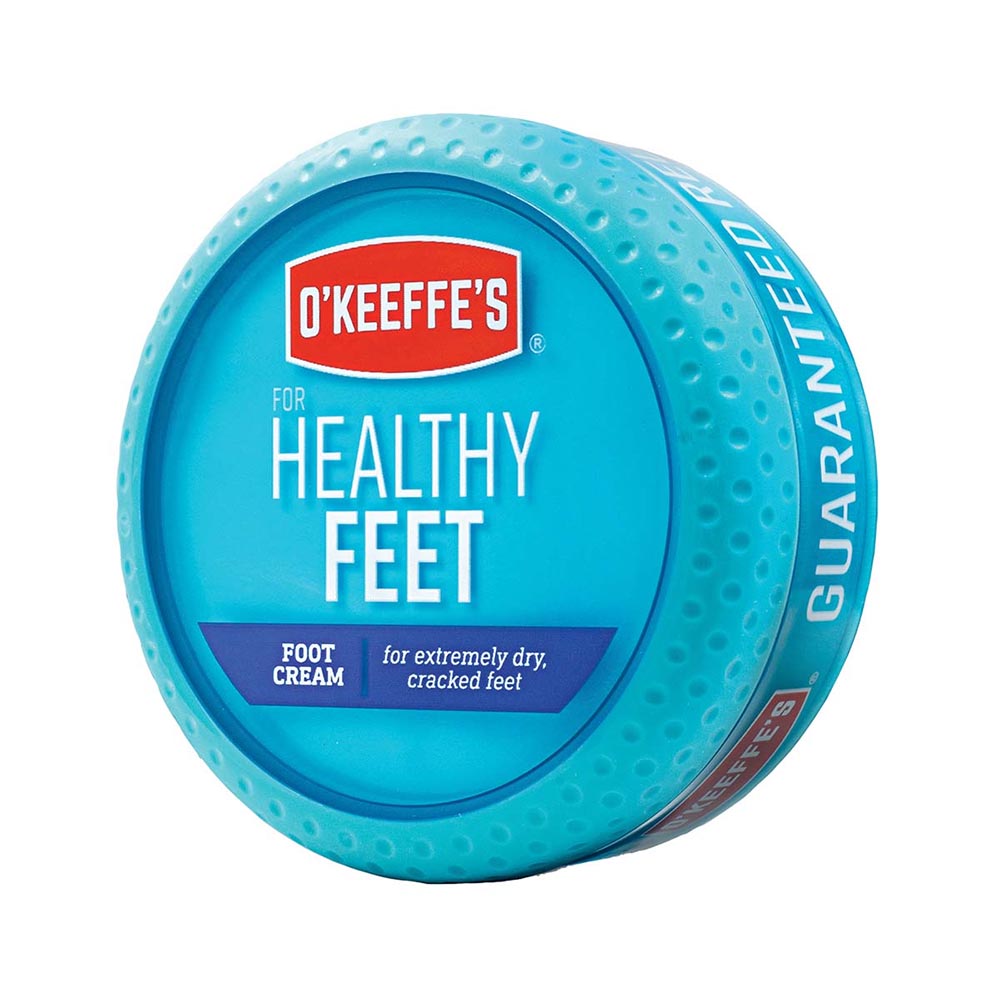 Blue jar of O'Keeffe's Healthy Feet foot cream, designed for dry, cracked feet, with textured grip sides.