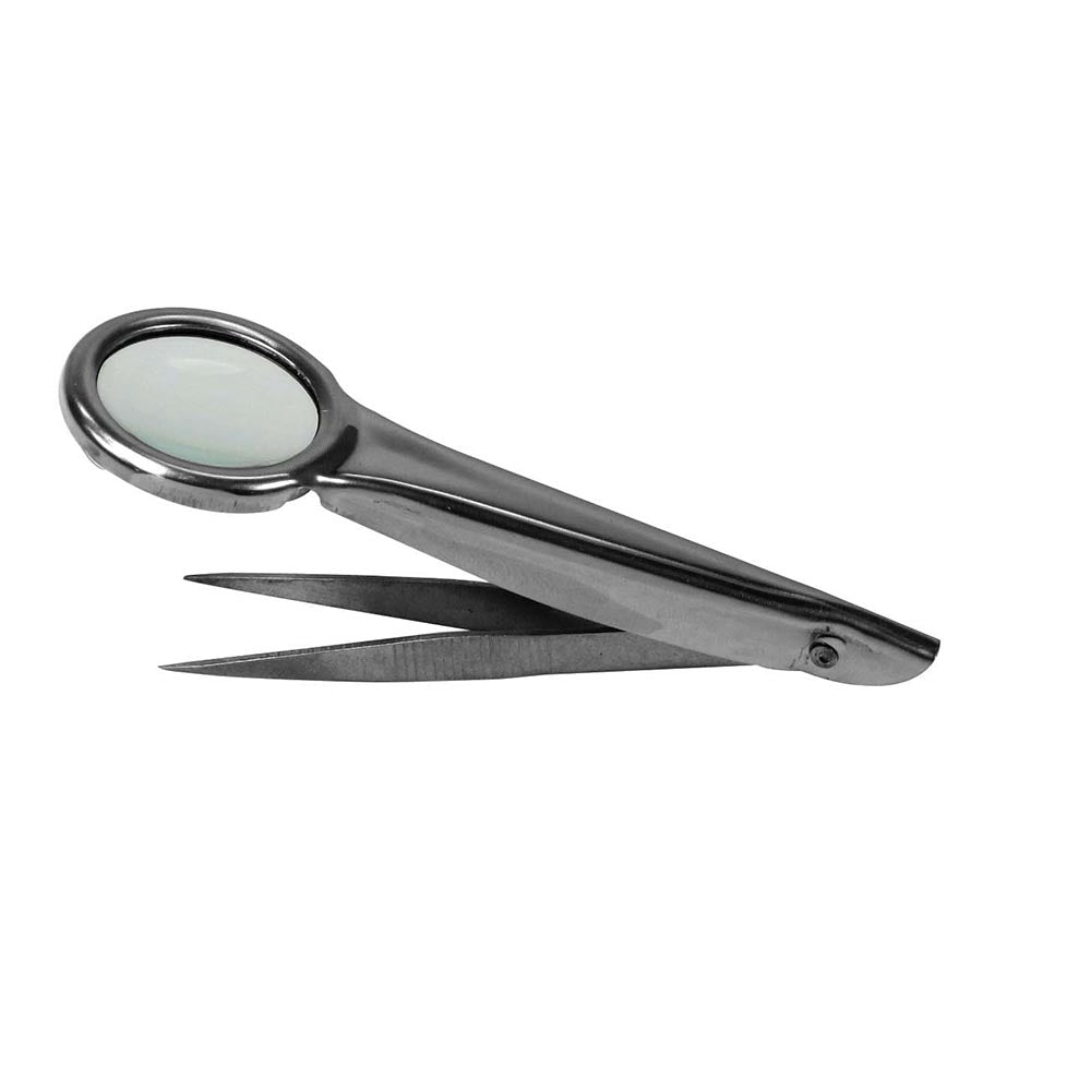 Stainless steel folding tweezers with a magnified lens at the point