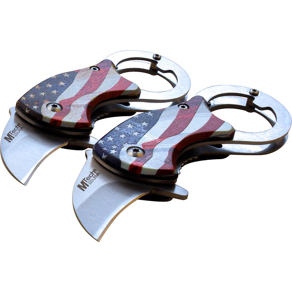 MTech USA folding knives with an American flag design on the handles, featuring curved stainless steel blades.