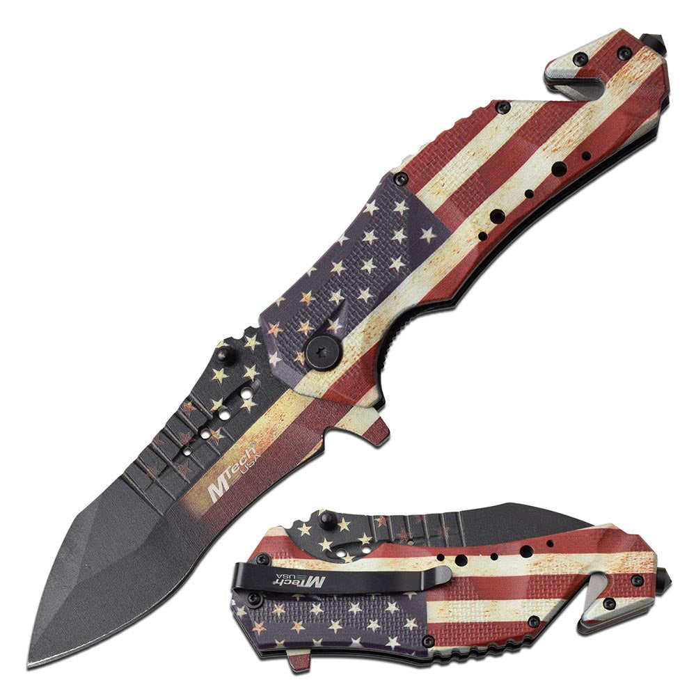 MTech USA tactical folding knife with a distressed American flag handle and a black serrated blade, shown open and closed.