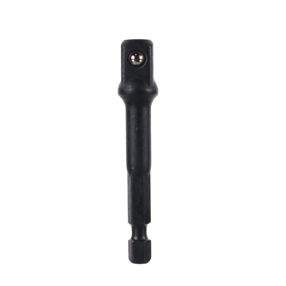 Black socket adapter with a ball-bearing retention mechanism at the top and a hex shank at the bottom, commonly used with power drills