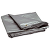 Folded silver tarpaulin with reinforced edges and brass grommets for securing