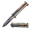 Tac-Force folding knife with a patriotic American flag design on the handle, featuring a black stainless steel blade.