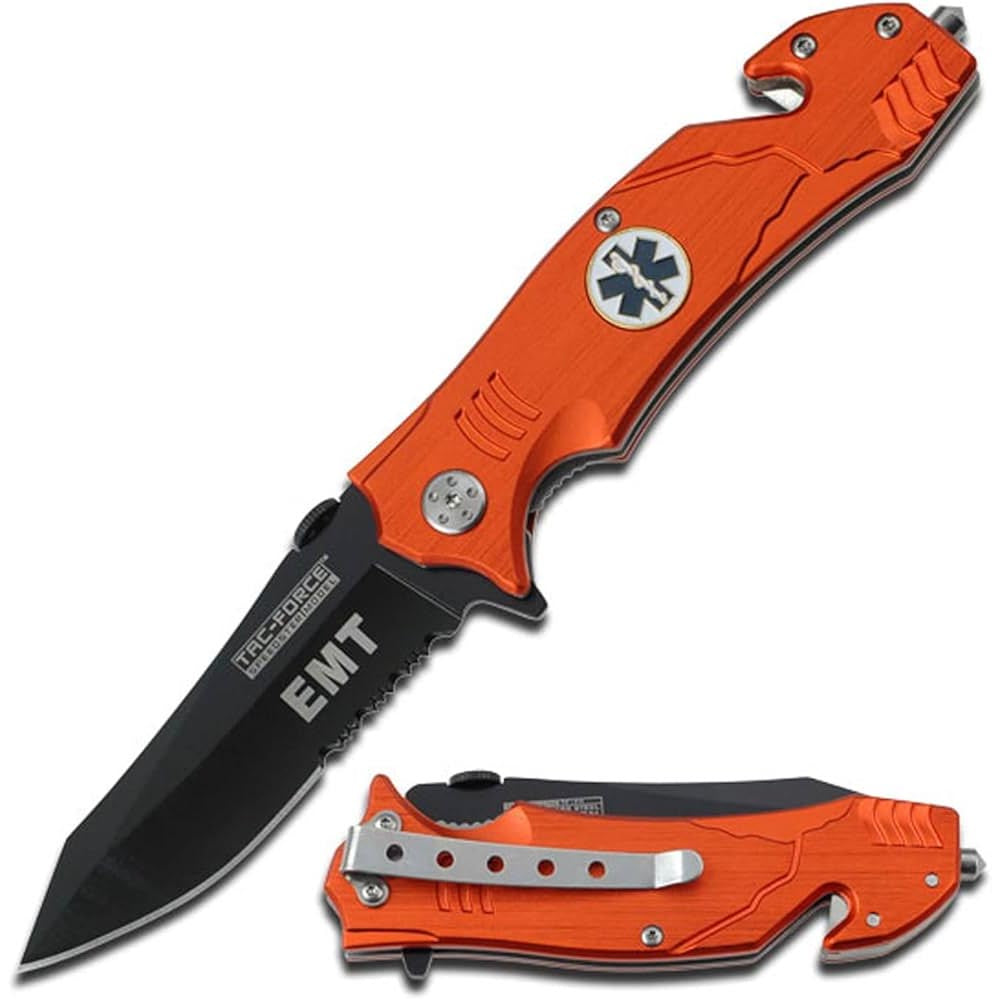 Folding tactical knife with an orange handle marked with an EMT symbol, a black blade with partial serrations, and built-in emergency tools including a seatbelt cutter and window breaker.