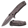 Tactical folding knife with a straight-edge blade, matte finish, and a textured handle with a pocket clip.