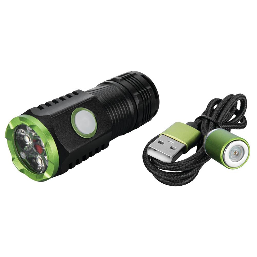 Compact flashlight with a ridged black body, multiple LED bulbs, and a side button, shown with a USB charging cable.