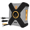 PT portable air compressor with a rugged black and gray body, digital display, control buttons, and multiple power inputs.