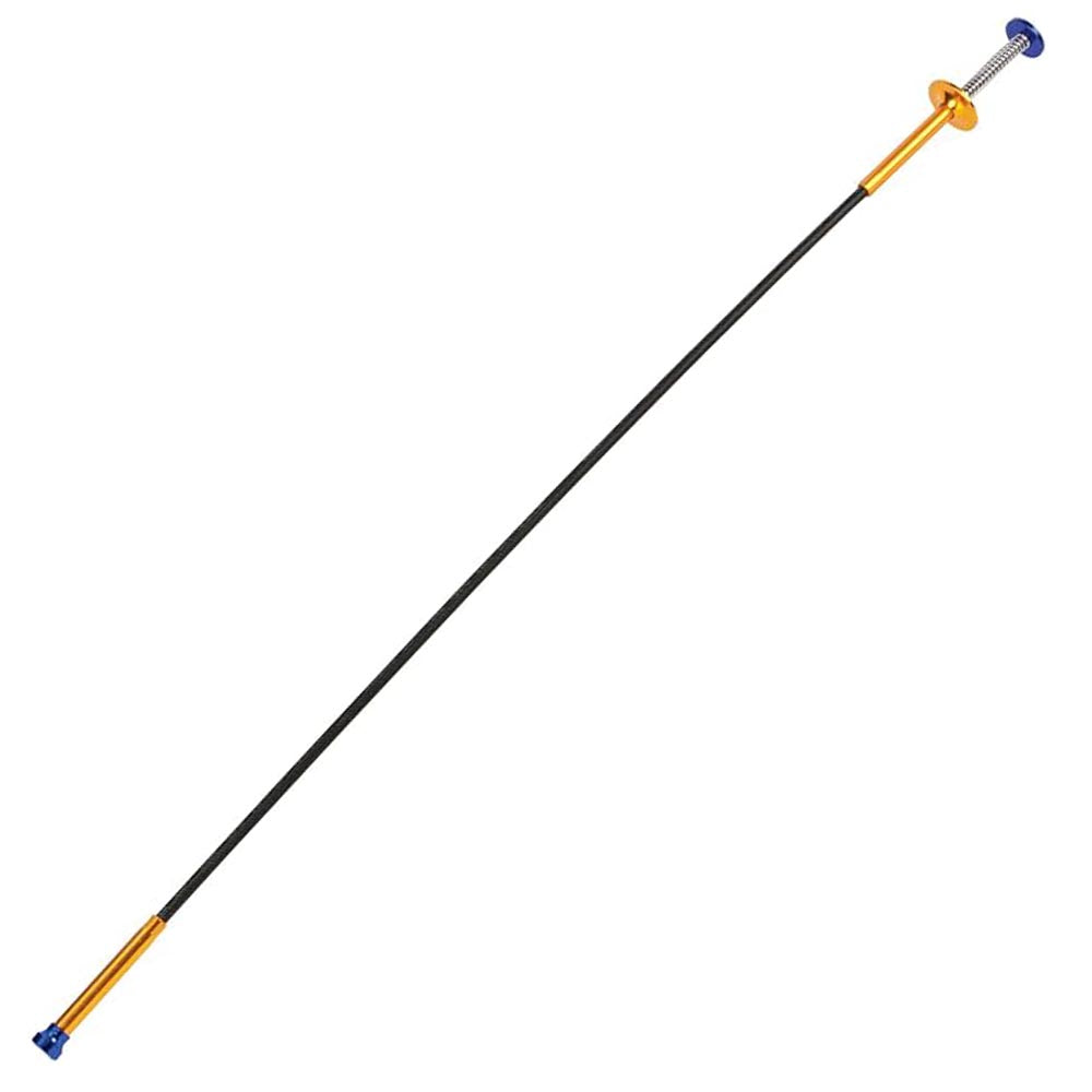 Flexible grabber tool with a long black shaft, orange handle, and blue claw mechanism for picking up small objects.