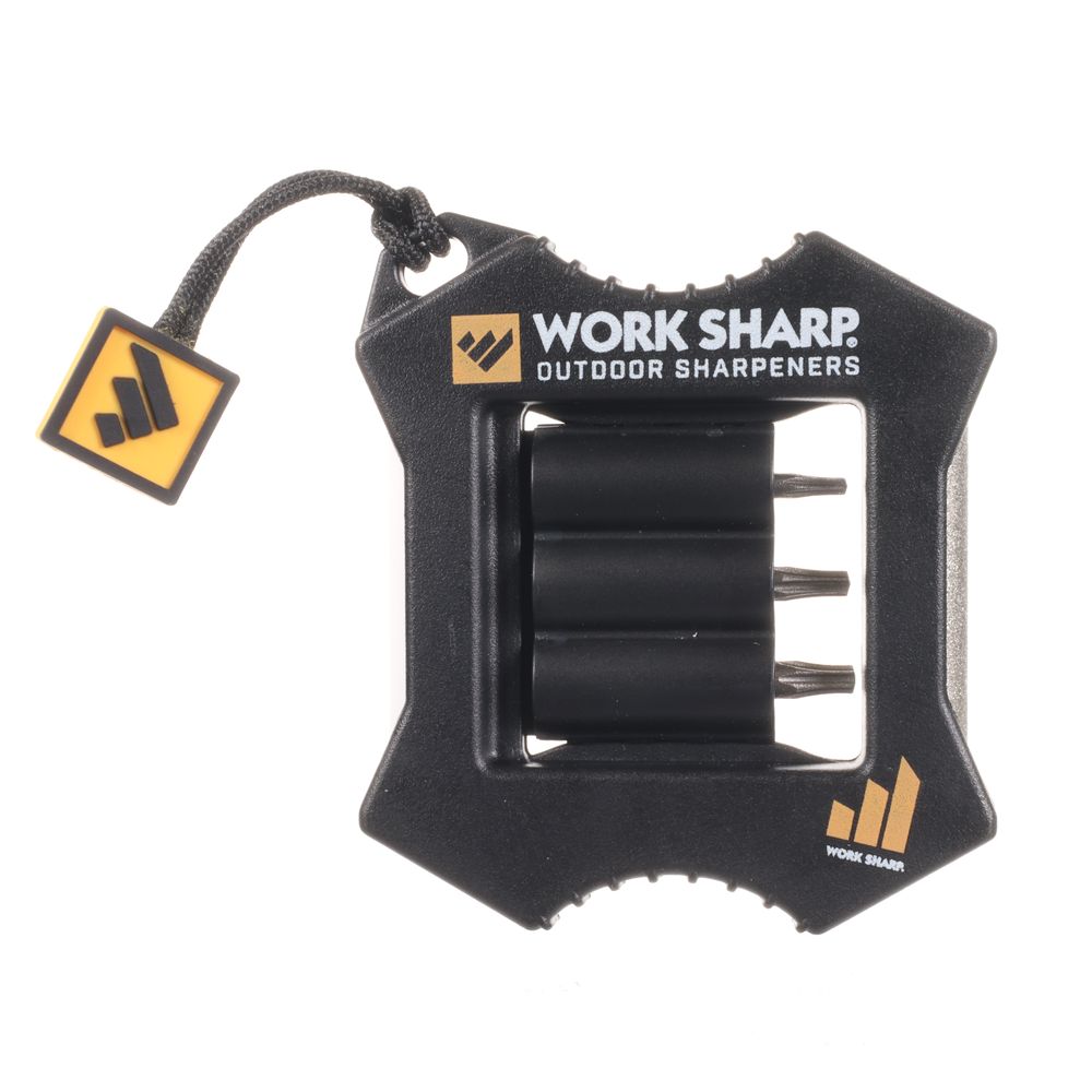 Work Sharp outdoor sharpener with a single sharpening edge and three driver bits in the center. Includes a lanyard with a logo tag.