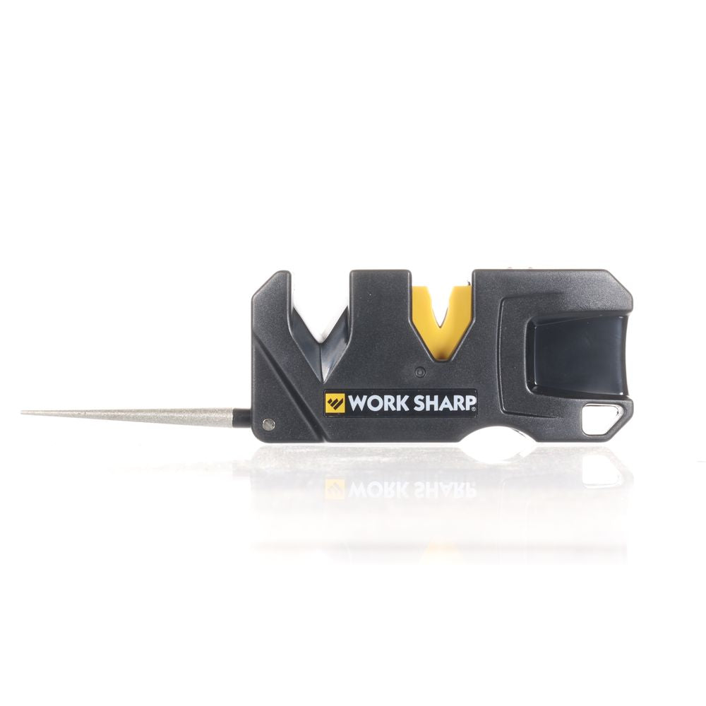 Work Sharp multi-tool sharpener featuring serrated edge sharpener, steel-edged sharpener, and ceramic-edged sharpener.