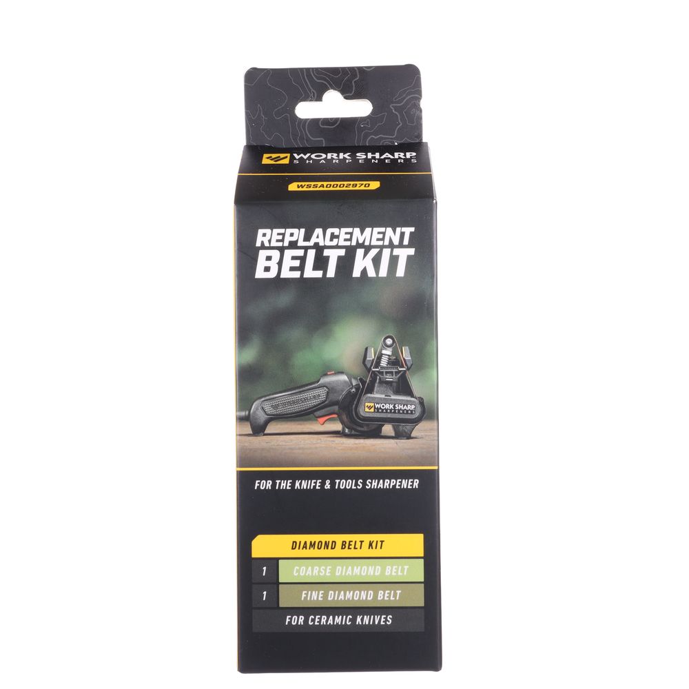 Replacement belt kit box for knife and tool sharpener, featuring 1 coarse and 1 fine diamond belt for ceramic knives.