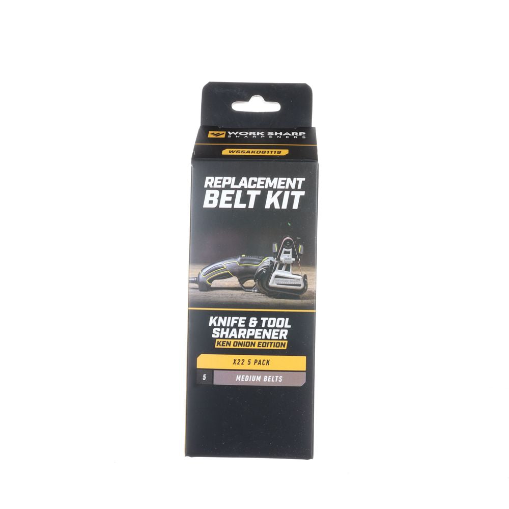 Work Sharp replacement belt kit for Ken Onion Edition knife and tool sharpener. Includes X22 medium belts, 5-pack.